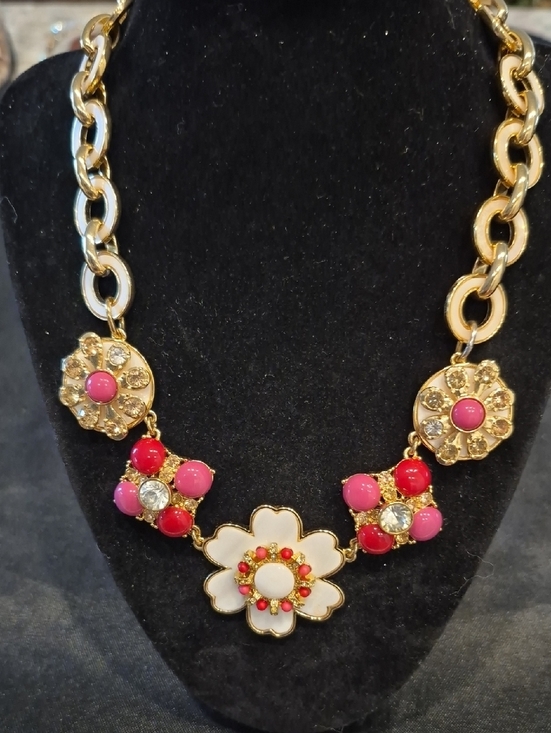 Talbots Jewelry - Talbots Gold-Tone Enamel Pink & White Floral Statement Necklace